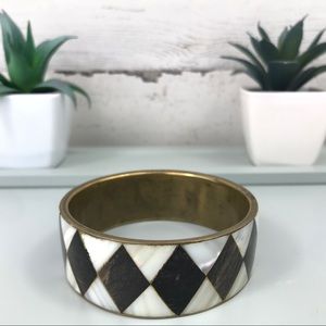 VTG Mother of Pearl Wood Bronze Bangle Bracelet
